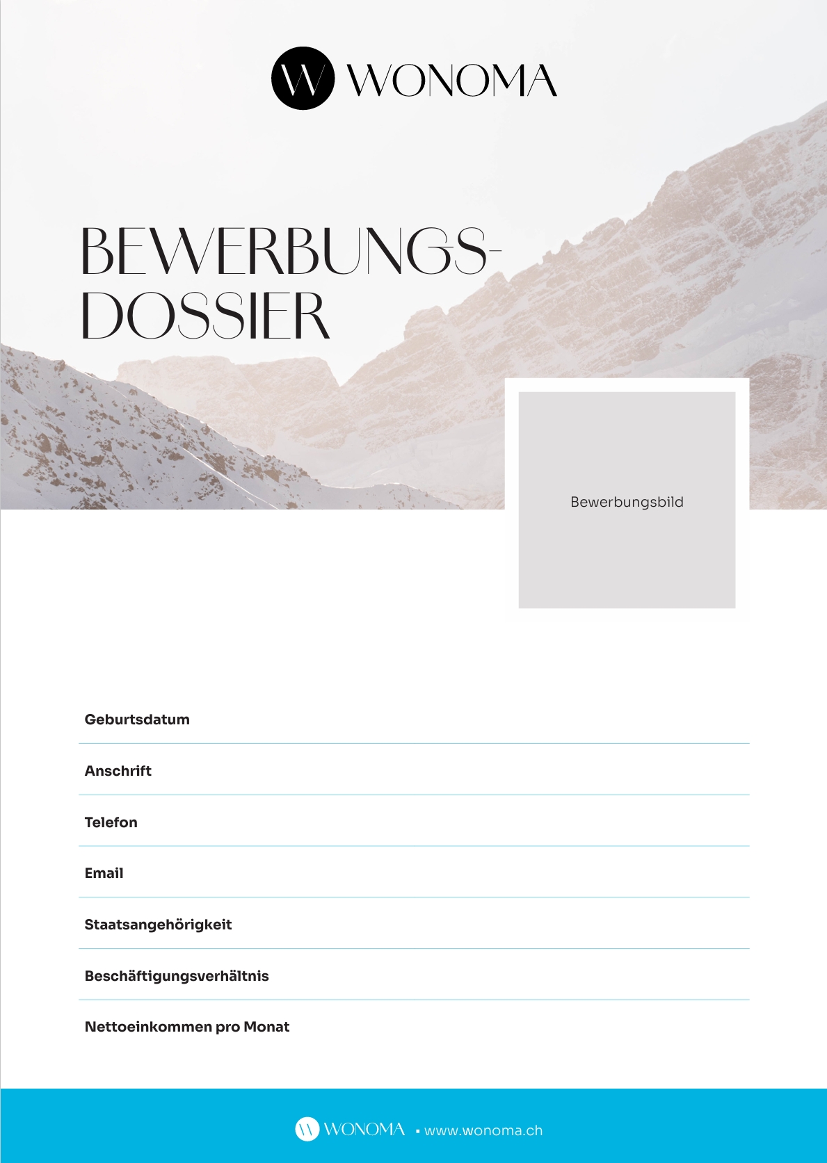 Das Bild zeigt ein Beispiel für die Titelseite eines Bewerbungsdossiers. Im Header ist es hinterlegt mit einer Berglandschaft, auf der die Überschrift Bewerbungsdossier steht. Darunter sind Informationen wie Name, Geburtsdatum etc. übersichtlich dargestellt.
