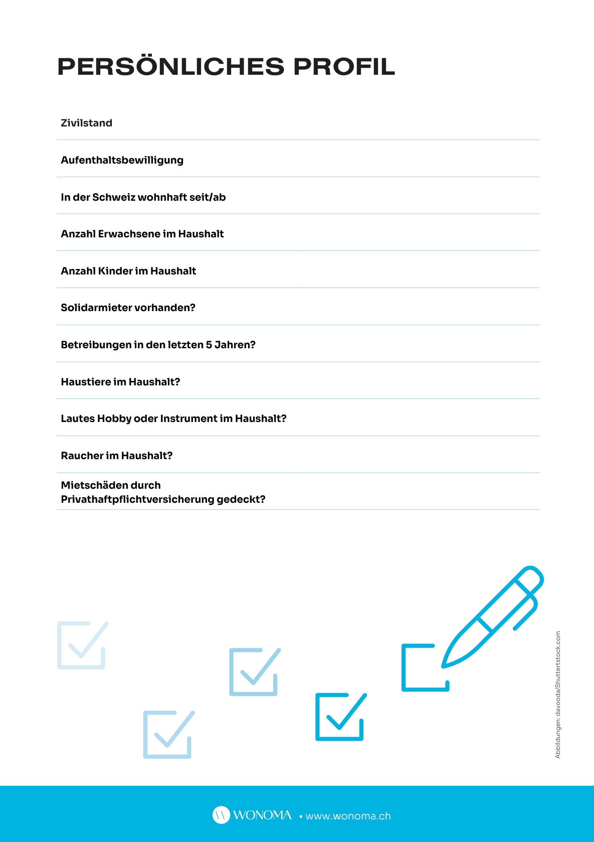 Das Bild zeigt ein Beispiel für die zweite Seite eines Bewerbungsdossiers. Im Header steht die Überschrift Persönliches Profil, darunter sind Informationen wie Zivilstand, Aufenthaltsbewilligung etc. aufgeführt.