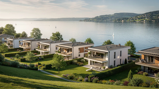 Das Bild zeigt eine moderne Wohnsiedlung am Ufer des Zürichsees, umgeben von gepflegten Gärten und sanften Hügeln, mit dem glitzernden See im Hintergrund. Diese idyllische Lage ist typisch für den Bezirk Meilen, wo man Wohnungen mieten kann, um ein gemütliches Zuhause in der Nähe des Wassers zu finden.