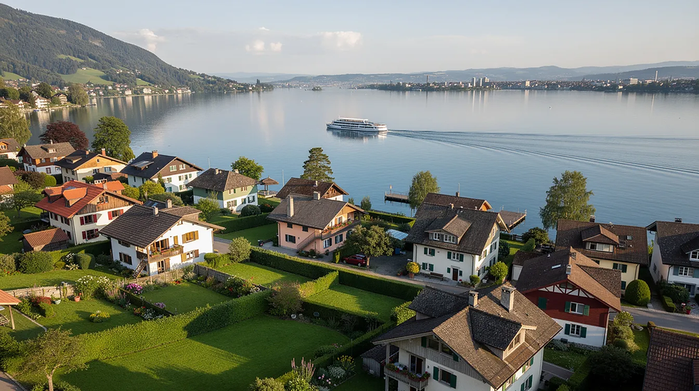Der Blick zeigt die Dächer einer kleinen Seegemeinde am Zürichsee, umgeben von grünen Hängen und gepflegten Gärten, während ein Schiff sanft über das ruhige Wasser gleitet. Diese Szenerie verkörpert naturnahes Wohnen und könnte potenzielle Interessenten für eine Wohnung in Rüschlikon ansprechen.