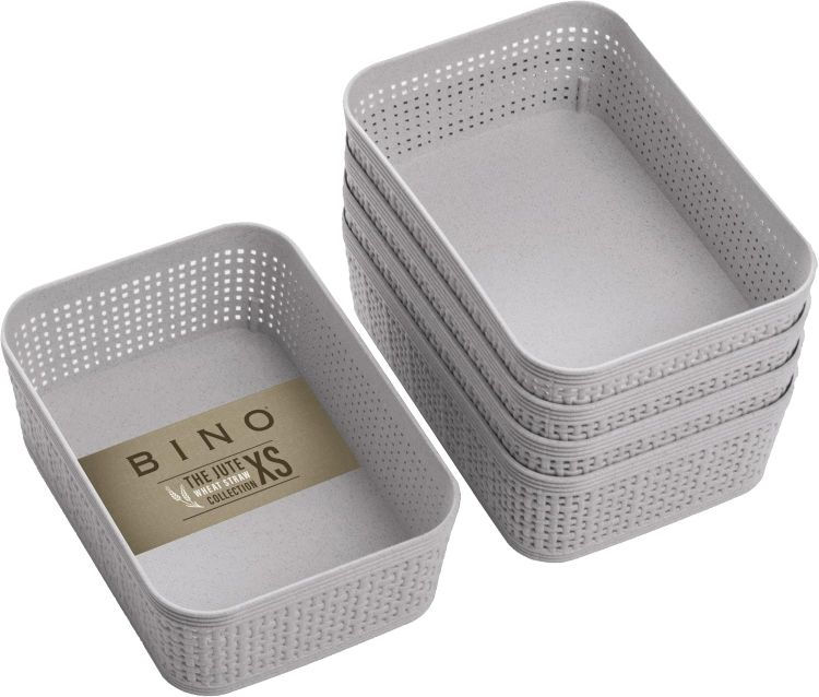 Grey plastic woven-look bins for upper cab inet storage.