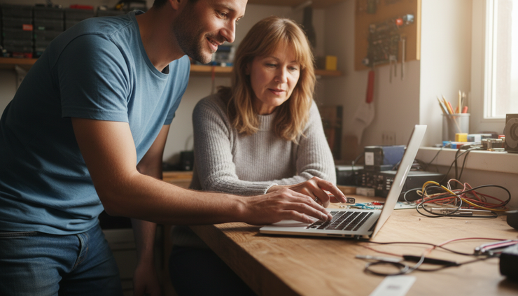Close-up of a technician helping someone use a security key beside a laptop in a home workshop.