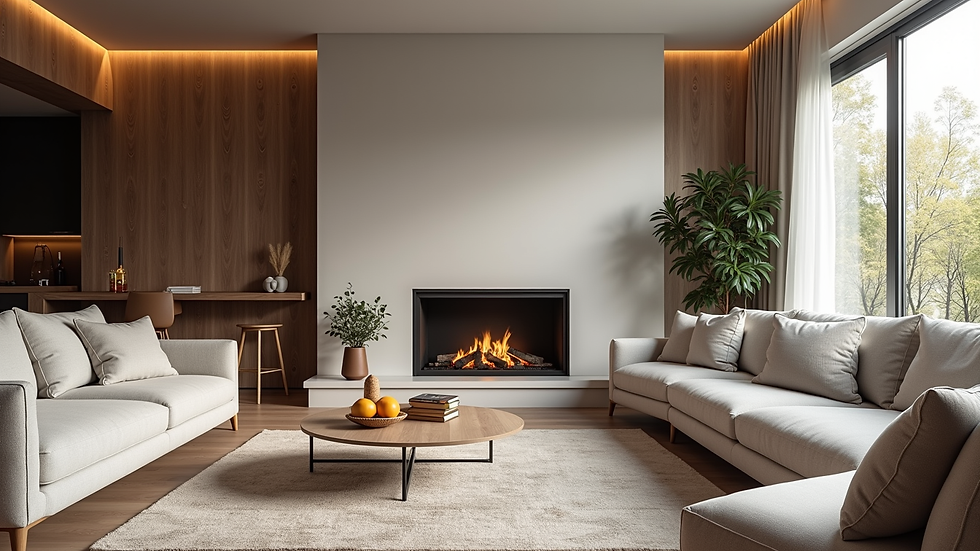 Eye-level view of a modern living room with a cozy fireplace and stylish furniture