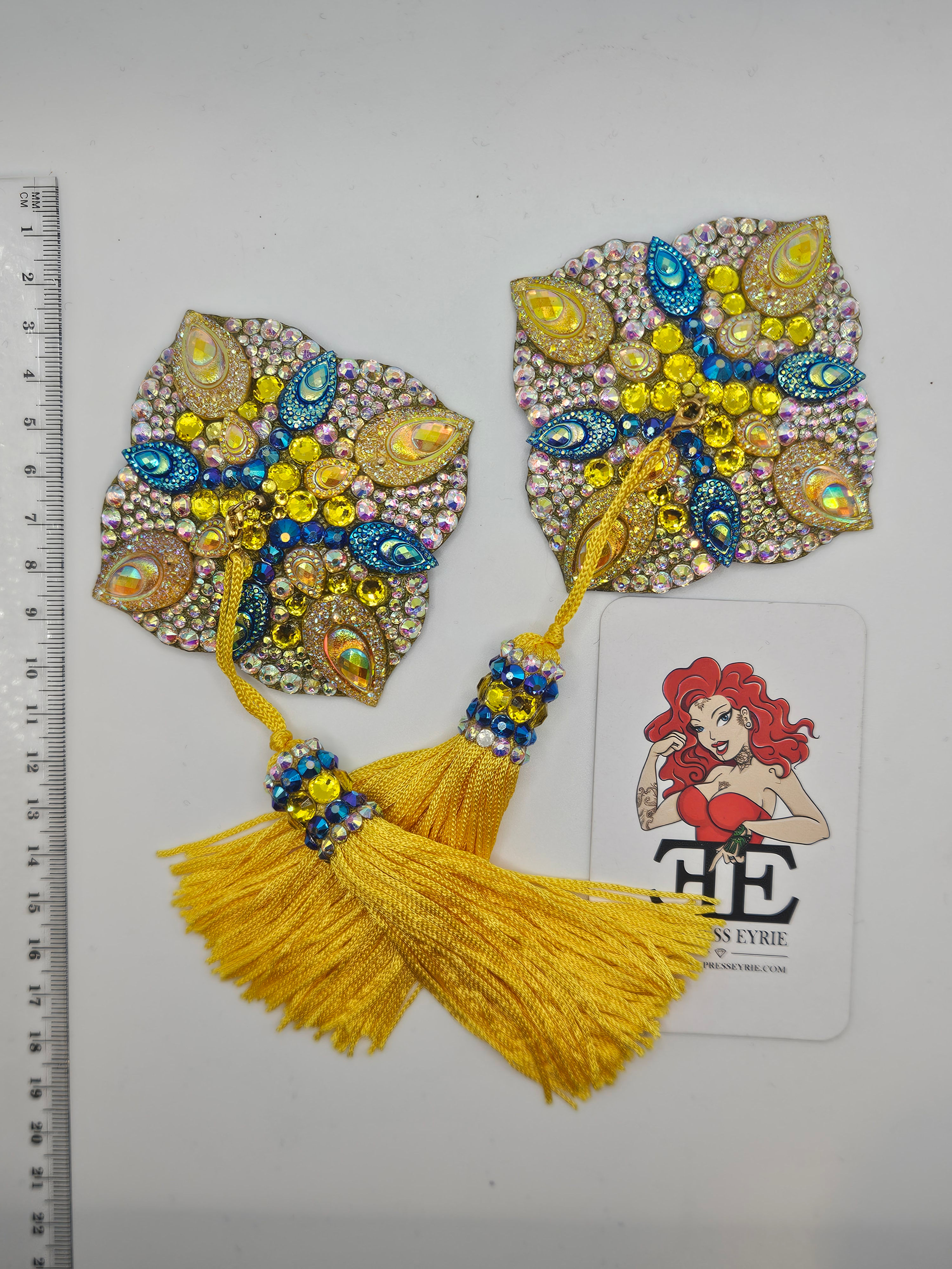8cm Fancy Yellow, Blue AB Deco Flower Shape Pasties with Tassels
