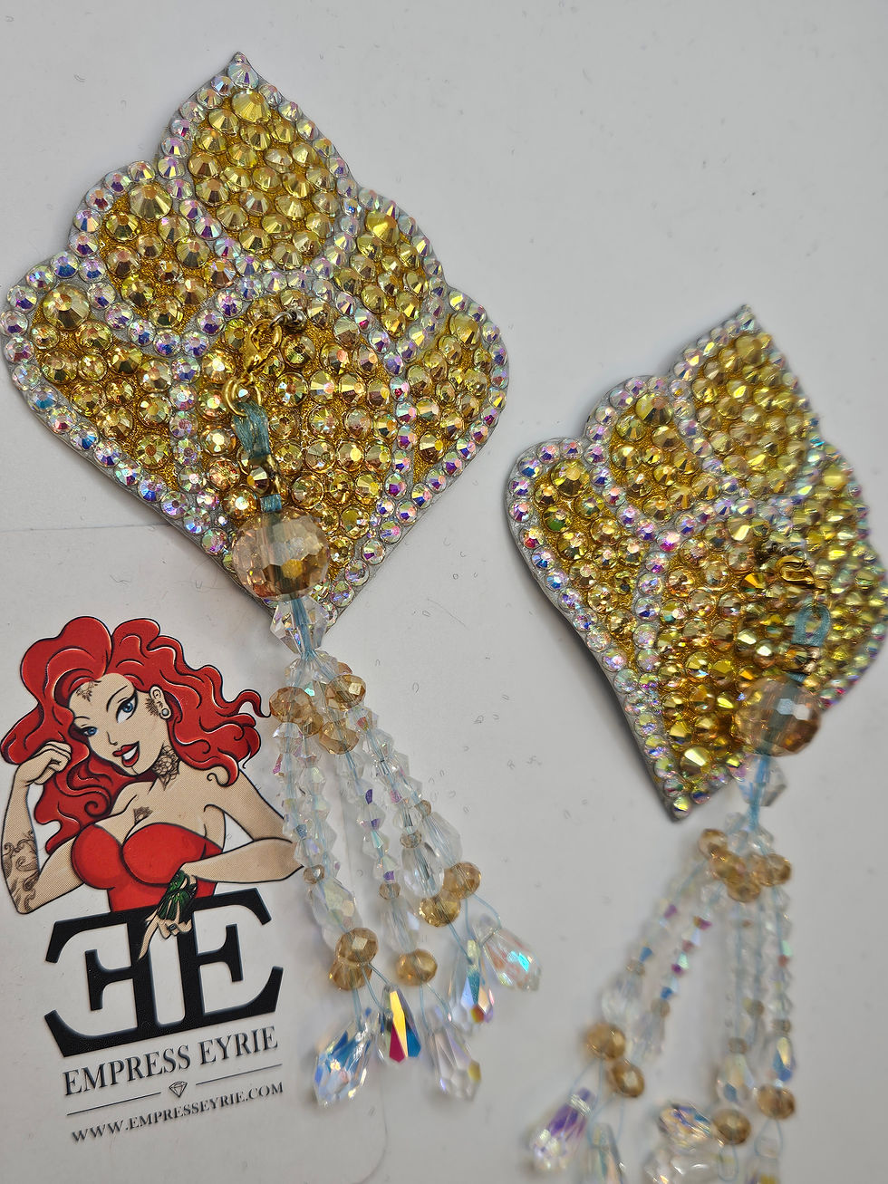 Thumbnail: 8cm CrystalAB and Gold Deco Petal Pasties with Beaded Tassels