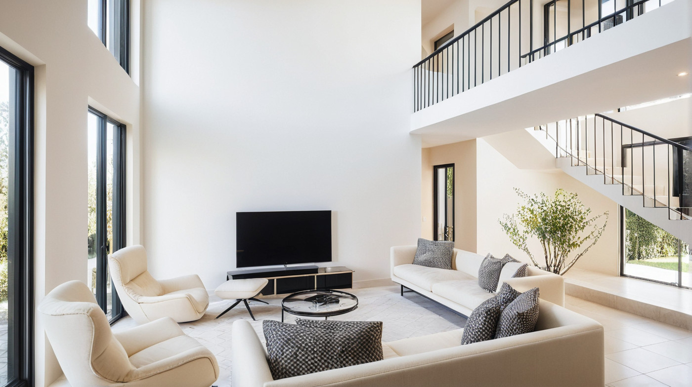 A cozy and stylish living room with bright blue and white traditional Greek island architecture visible through large windows. The interior features a modern orange and white sofa, elegant gold floor lamps, a wooden coffee table, and a bookshelf filled with books. Blue accents and Mediterranean elements create a warm, inviting atmosphere. This image was generated using ArchiVinci AI.