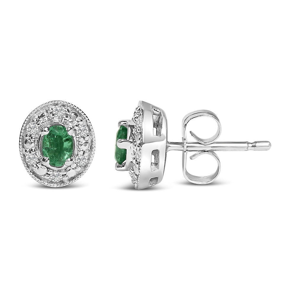 Thumbnail: 14K White Gold Oval Green Emerald and 1/10 Cttw Diamond Halo Stud Earrings  (I-J