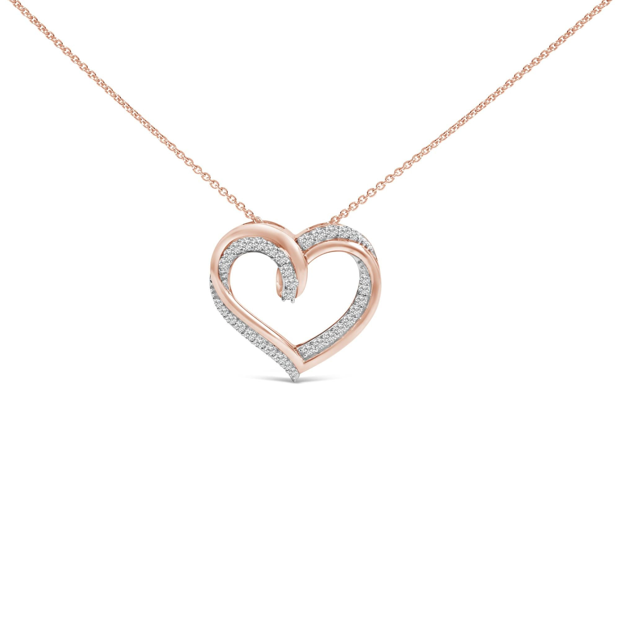14K Rose Gold Plated Sterling Silver 1/2 Cttw Diamond Open Heart Pendant Necklac