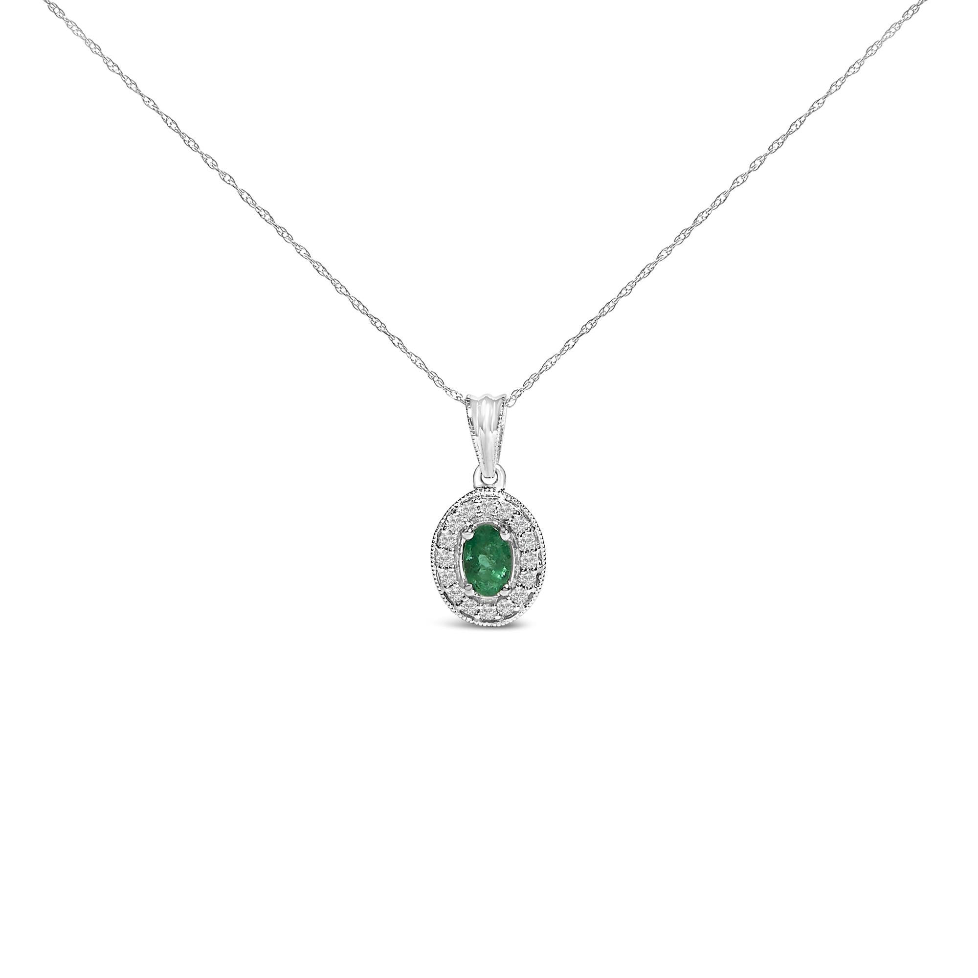 14K White Gold Oval 6x4 MM Green Emerald and Diamond Halo Pendant Necklace - 18
