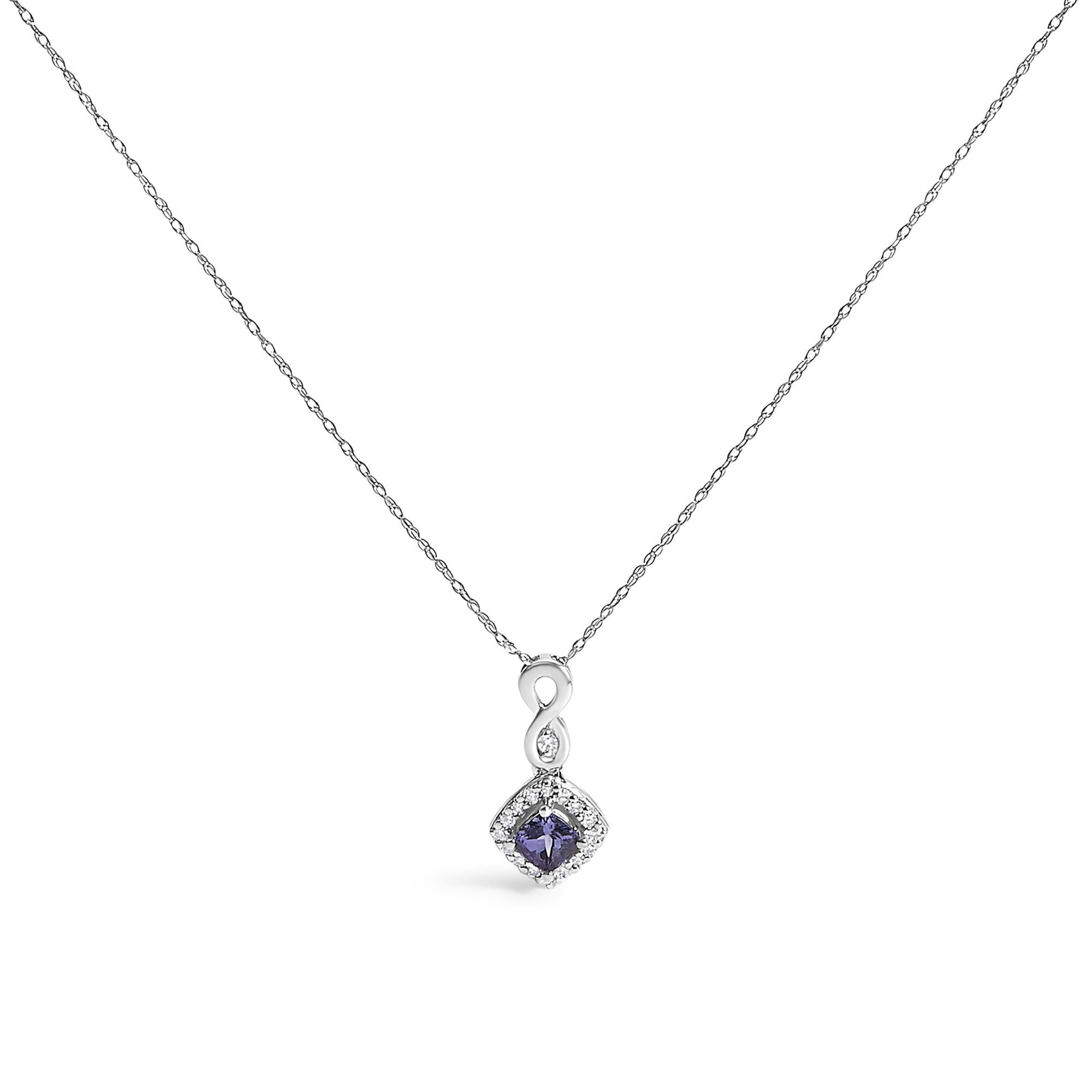 10K White Gold Blue Purple Tanzanite and Diamond Accent Cushion Drop Pendant Nec