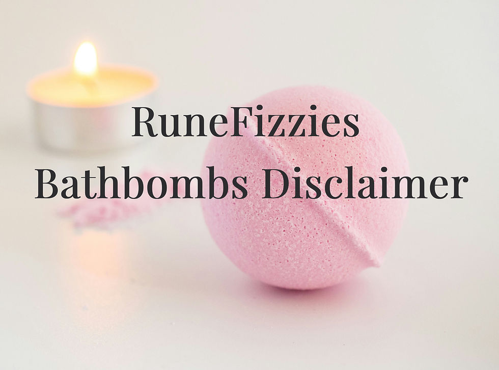 A pink bath bomb with the name rune fizzies and disclaimer