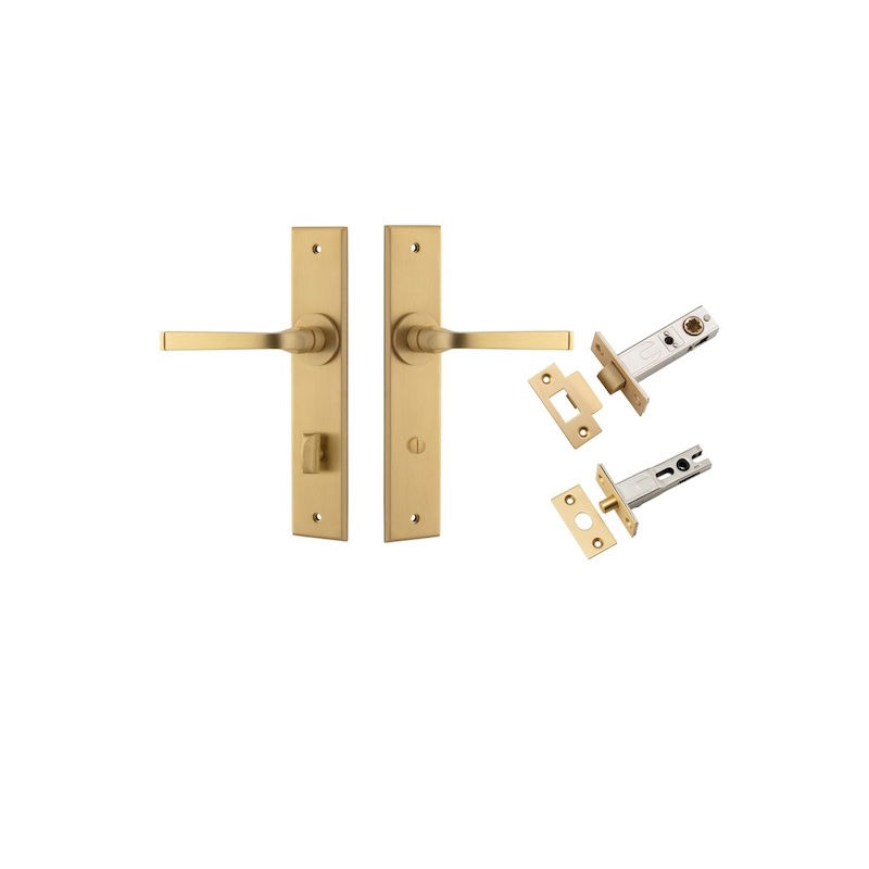 Iver Annecy lever handles with privacy hardware and matching latch components in a brass finish