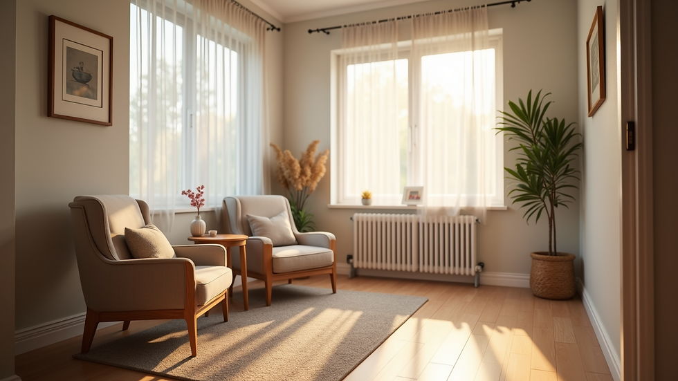Eye-level view of a cozy therapy room with soft lighting and comfortable chairs