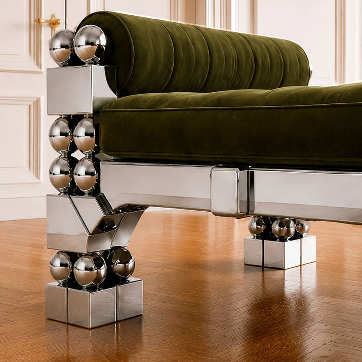 Orbital Daybed with polished steel structure, repeated spherical elements and upholstered surface, shown in an interior setting.