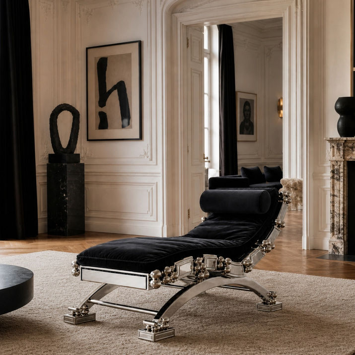 Orbital Chaise in polished steel with black upholstered pad, shown in an interior setting.