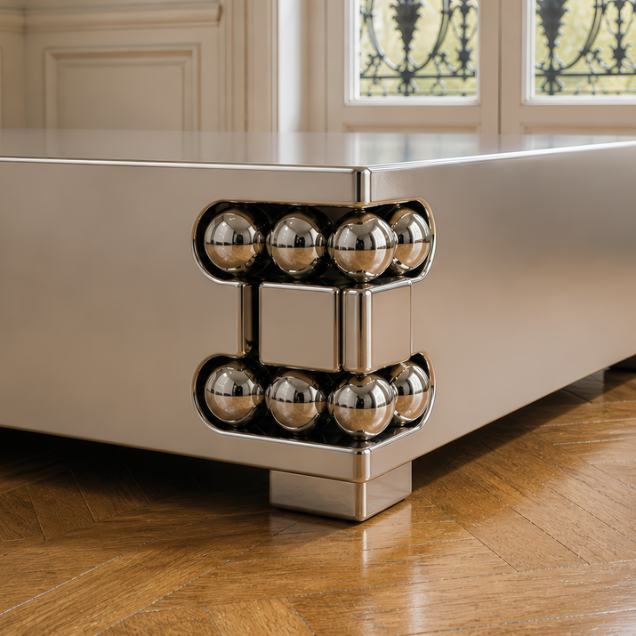 Orbital Coffee Table N0 7 in brushed stainless steel with polished spherical details concentrated at the corners, shown in an interior setting.