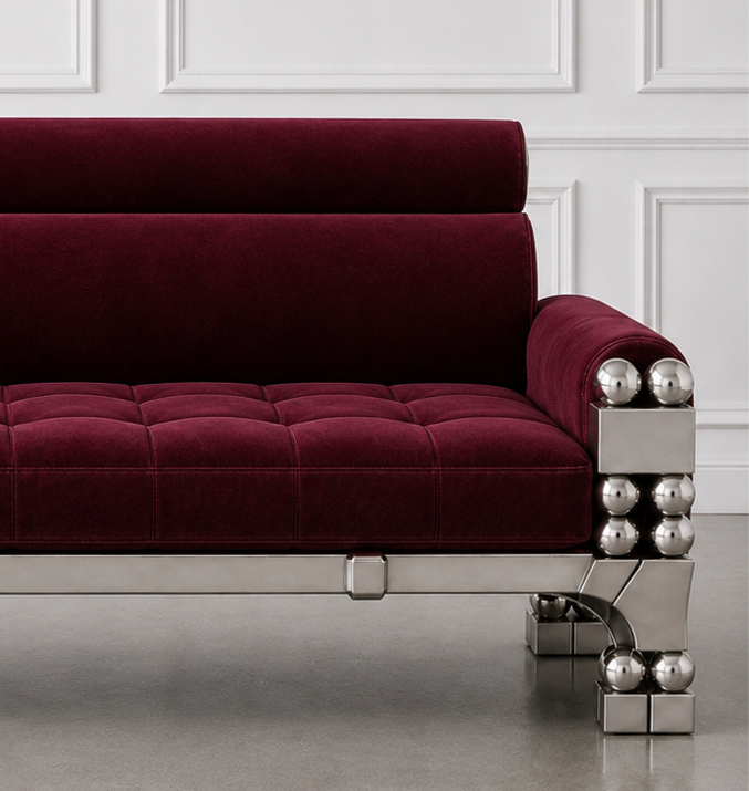 Orbital Sofa in deep burgundy velvet with polished steel side structures, repeated spheres and arched legs.