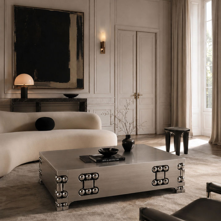 Orbital coffee table N0 3 in brushed stainless steel, shown in a classical interior with parquet floor and French windows.