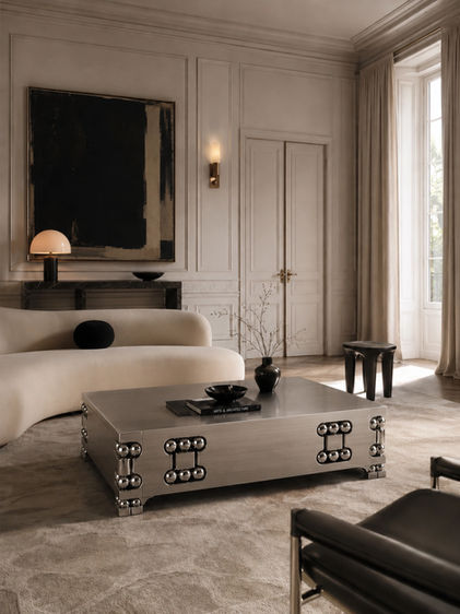 Orbital coffee table no. 2 interior render in a warm parisian styled living room with a off white contemporary sofá and