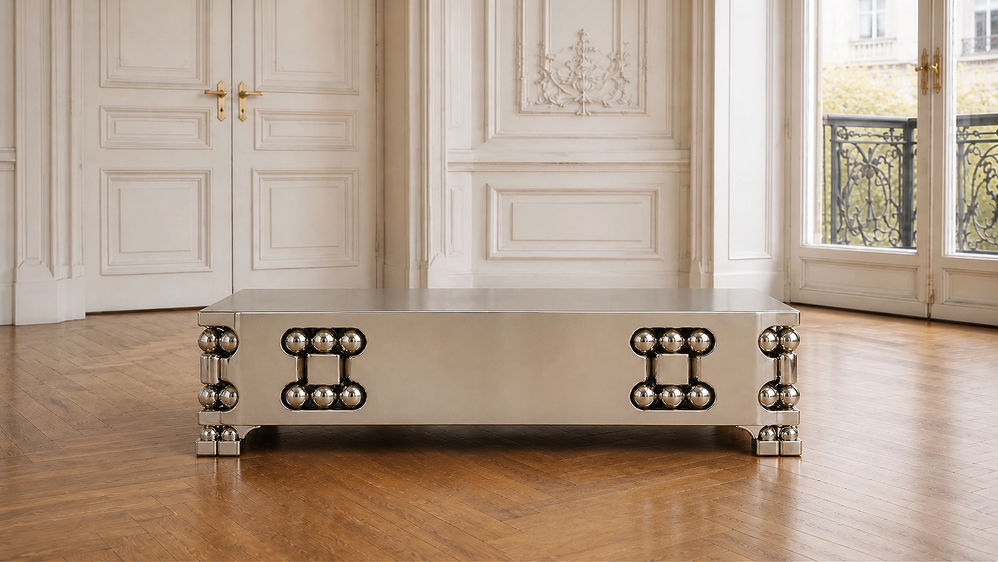 frontal view of the Orbital coffee table no. 2 in polished stainless steel, with spherical side details in a classical interior.