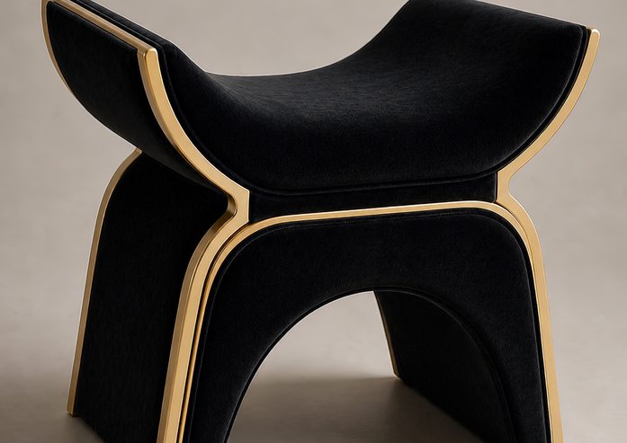 three-quarter view of Apis seat no. 1, showing the saddle-like upholstered form, curved side structure, arched base, and matte gold metal outline.