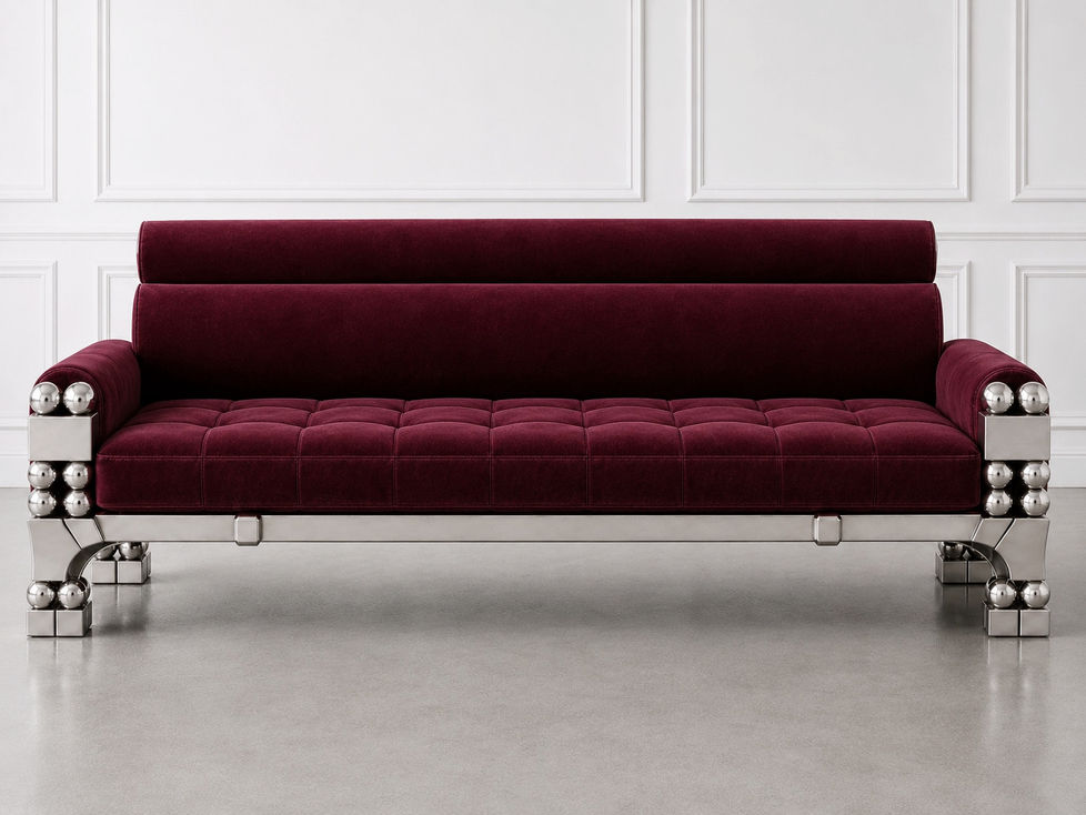 Front view of the Orbital Sofa in deep burgundy cotton velvet with polished stainless steel side structures and spherical details.