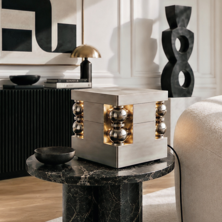 Orbital Block Lamp in brushed stainless steel with polished spherical elements and warm integrated light, shown in an interior setting.