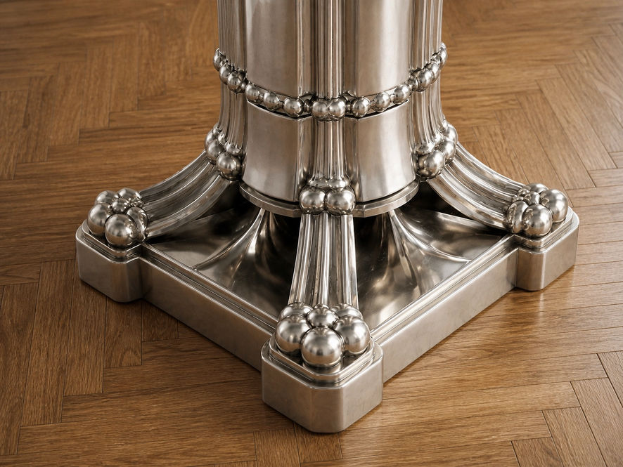 detail of the Orbital dining table pedestal in polished stainless steel, showing the square base, curved supports, and spherical elements.