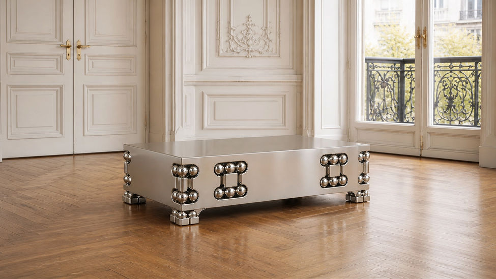 three-quarter view of the Orbital coffee table N0 3, showing the polished stainless steel body, rectangular form, and spherical corner details.
