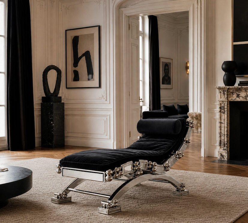 render of the Orbital chaise in polished stainless steel and black cotton velvet, placed in a Parisian collector-style interior