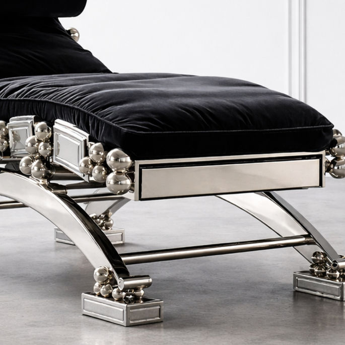 Detail front Polished stainless steel structure with spherical detailing
Upholstered in black cotton velvet