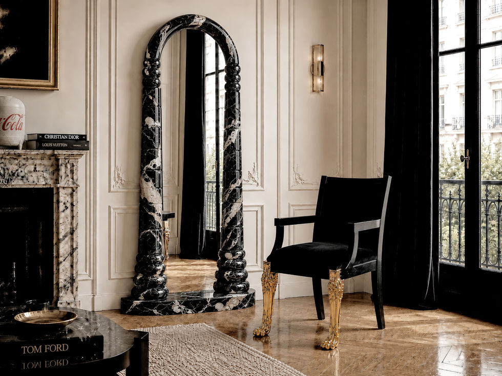 Interior render of Standing Mirror No 1 in Nero Picasso marble, shown as a freestanding mirror in a residential setting.