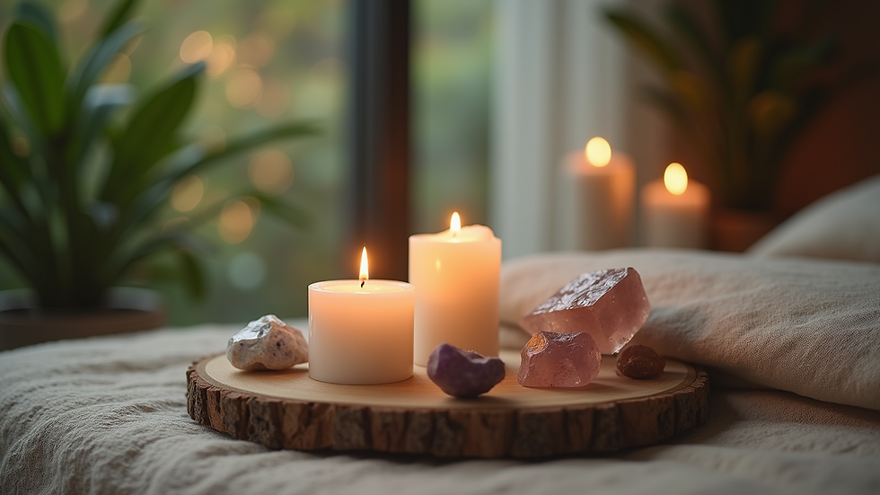 Eye-level view of a serene meditation space with candles and crystals