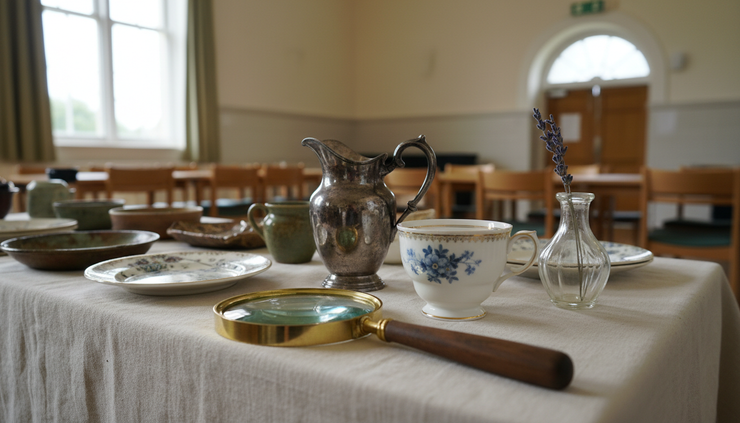 Eye-level view of antique ceramics and silver pieces arranged carefully on a cloth