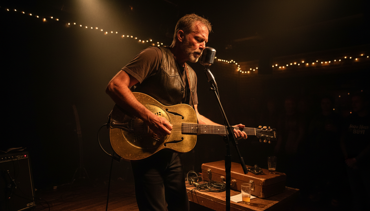 Low-angle view of a blues singer holding a resonator guitar at a microphone