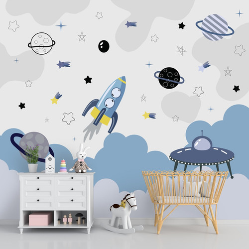 Cute Space Theme Wallpaper for Kids Room, Blue & Grey lifencolors
