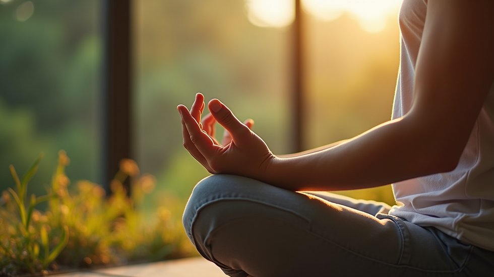 Close-up view of a person meditating in a serene environment