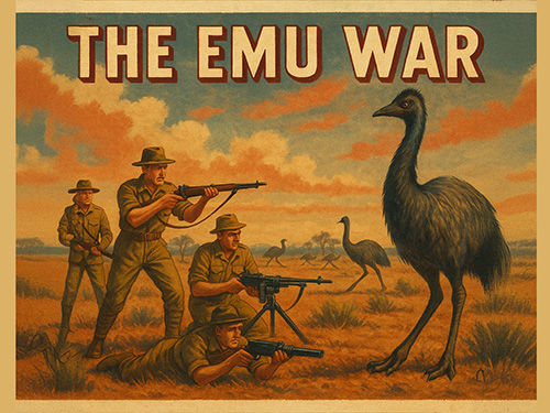 Soldiers aim rifles and a machine gun at a large emu in a grassy field, with more emus in the background. Text reads "THE EMU WAR."
