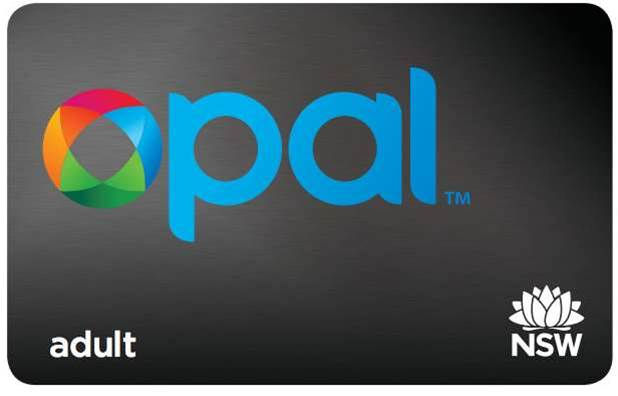 A black Opal card with colorful logo, "adult," and "NSW" text on white background. Red, white, and black pattern beneath it.