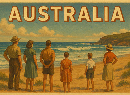 People stand on a sandy beach gazing at the ocean under a blue sky. "AUSTRALIA" is written above in bold letters. Vintage style.