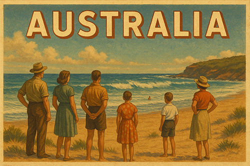 People stand on a sandy beach gazing at the ocean under a blue sky. "AUSTRALIA" is written above in bold letters. Vintage style.