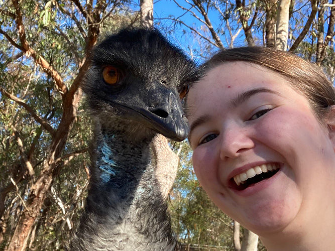Smiling person and emu in a forest setting under a clear blue sky. Emu has dark feathers and orange eyes, creating a joyful moment.