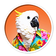 White cockatoo wearing a colorful Hawaiian shirt against an orange background, creating a playful and vibrant mood.