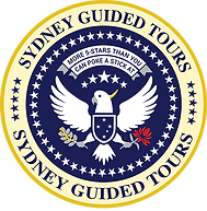 Circular logo with a white bird holding a branch and flower. Text reads "SYDNEY GUIDED TOURS" 