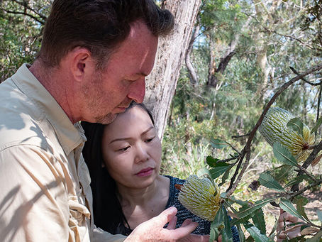 A man and woman examine a large, spiky flower on a bush in a wooded area. Sunlight filters through the trees, creating a peaceful mood.