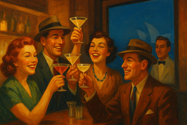 Four joyful people in vintage attire toast with martini glasses at a cozy bar, warm colors, wooden shelves behind, a waiter looks on.