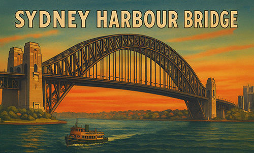 Sydney Harbour Bridge at sunset with an orange sky. A ferry sails below. The text "SYDNEY HARBOUR BRIDGE" is prominent above the scene.