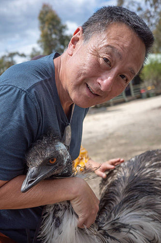 Man gently holding an emu outdoors, smiling. Emu has bright eyes, gray feathers. Trees and blue sky in the background. Warm, happy mood.