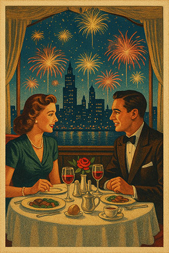 A couple, dressed elegantly, dines with wine against a night cityscape. Fireworks light up the sky through a window, creating a festive mood.