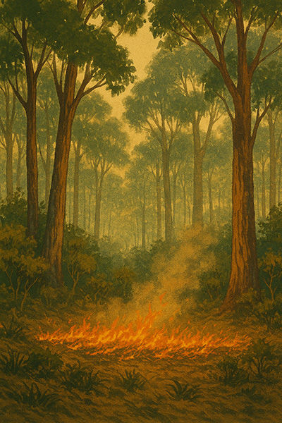 Forest scene with a controlled fire burning low on the ground, surrounded by tall trees. Flames and smoke create a warm, vibrant contrast.